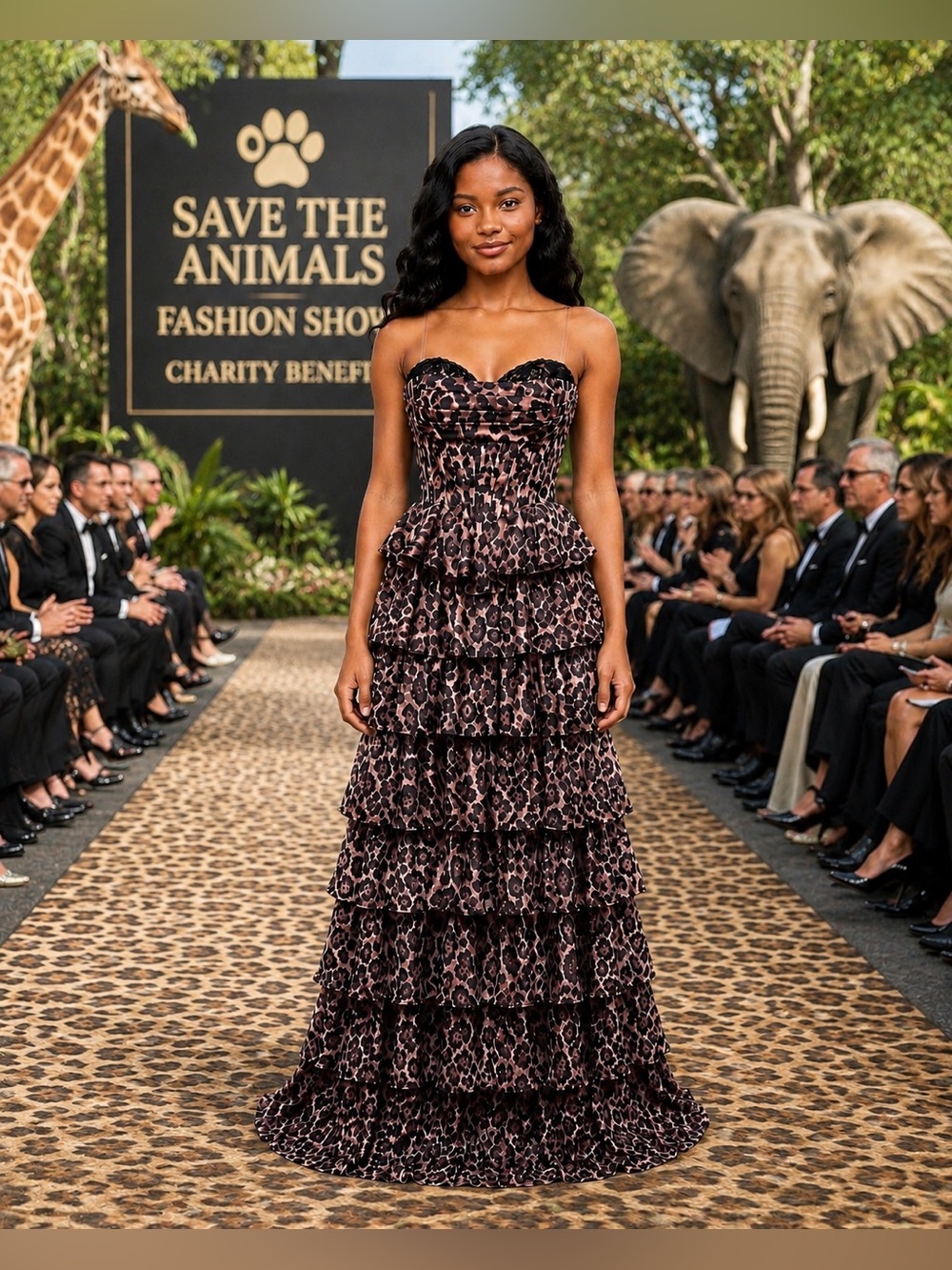 #22-27 Tiered Animal Print Evening Dress - Black/Brown-XS/Size 2